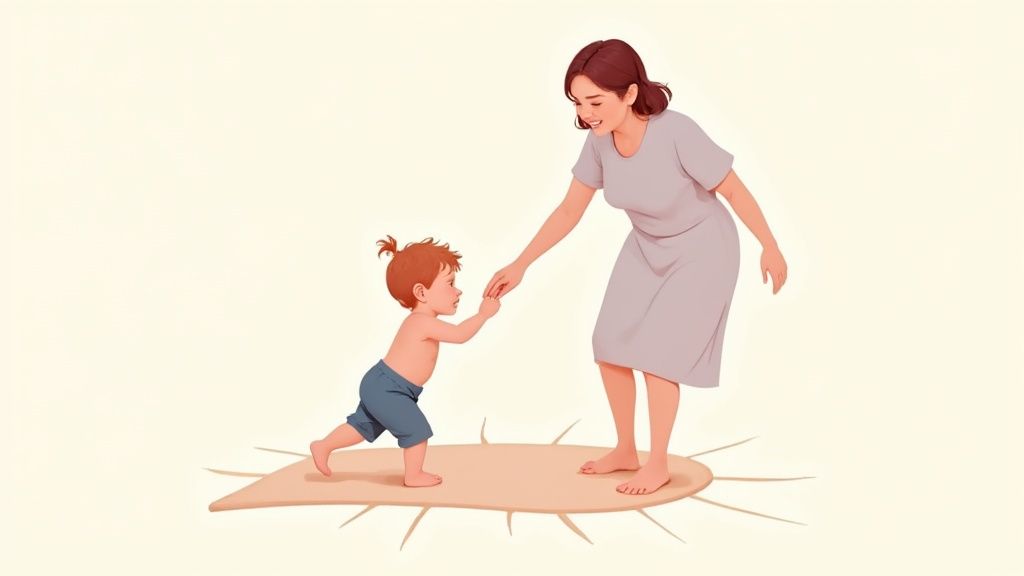 A smiling mother helps her baby take first steps, holding hands on a sun-shaped mat.