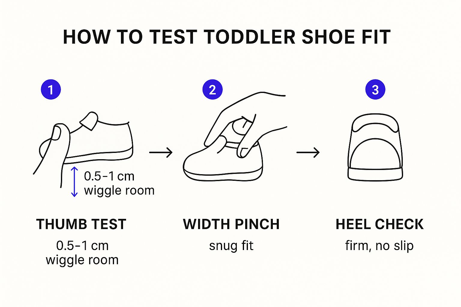Infographic showing a three-step process for checking toddler shoe fit: Thumb Test, Width Pinch, and Heel Check.