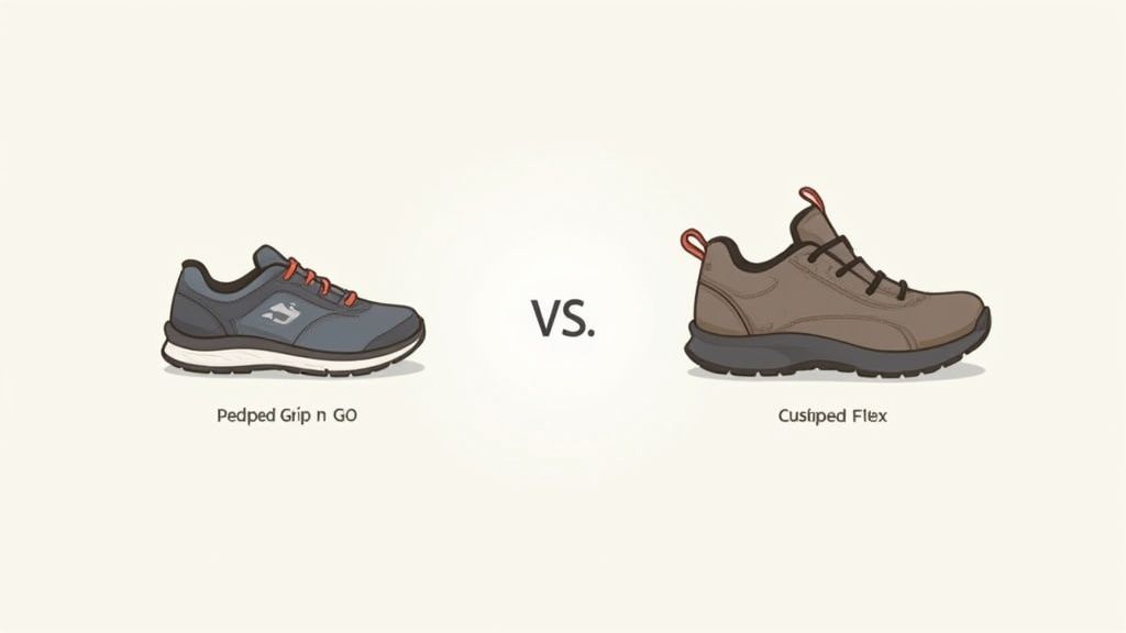 Illustration comparing two athletic shoes: blue Pedped Grip n GO and brown Cushiped Flex.