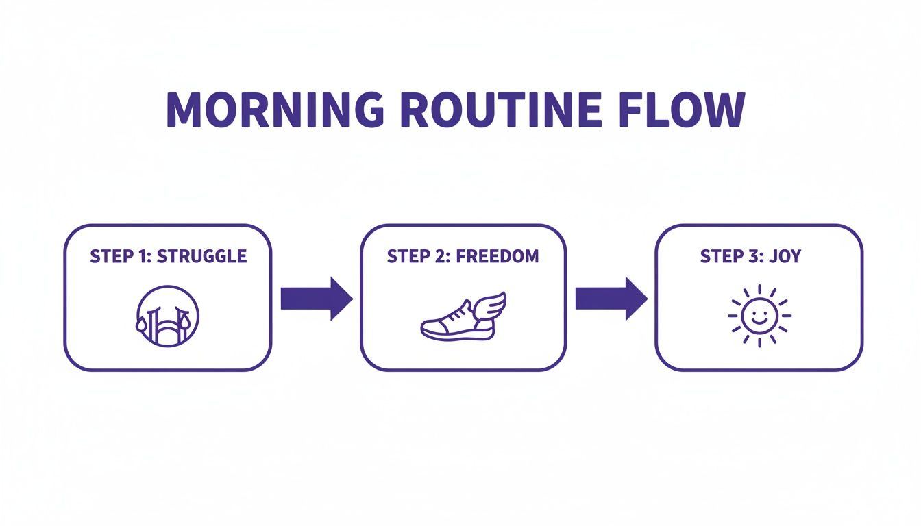 A visual diagram illustrating a morning routine progressing from struggle, to freedom, and finally to joy.
