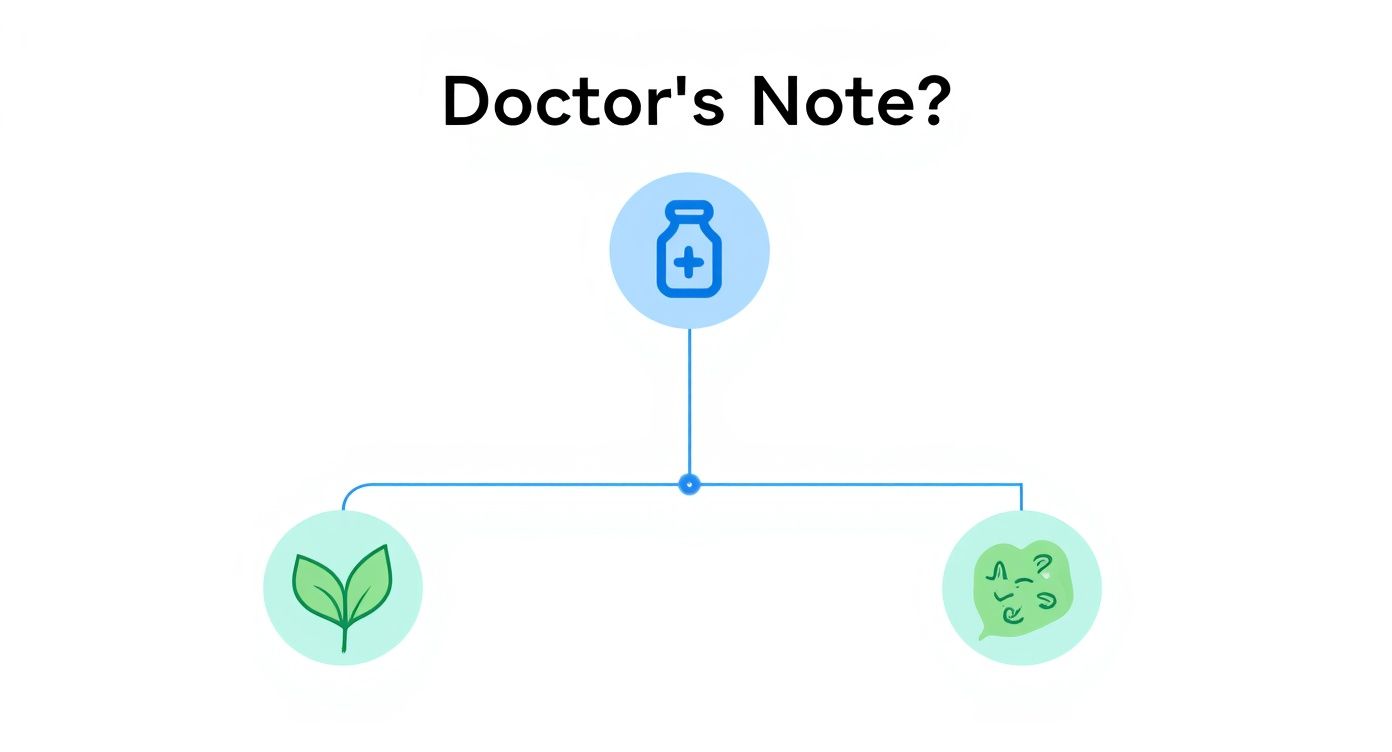 Medical flowchart showing doctor's note branching to natural remedy plant icon and bacteria microorganism icon