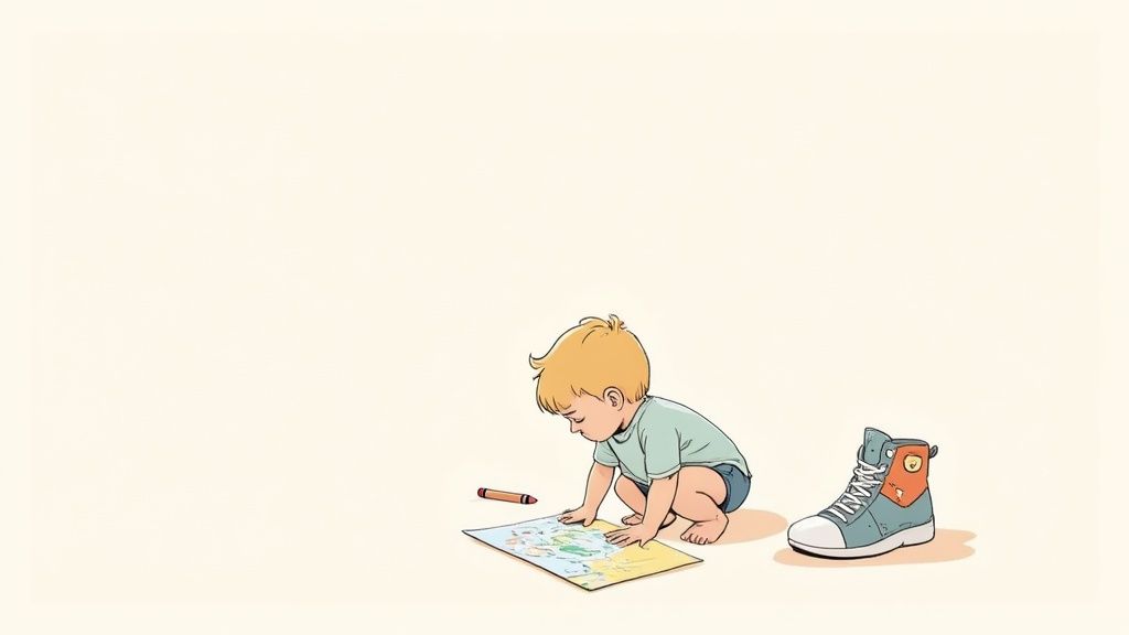 A parent and toddler tracing the toddler's foot on colorful paper.