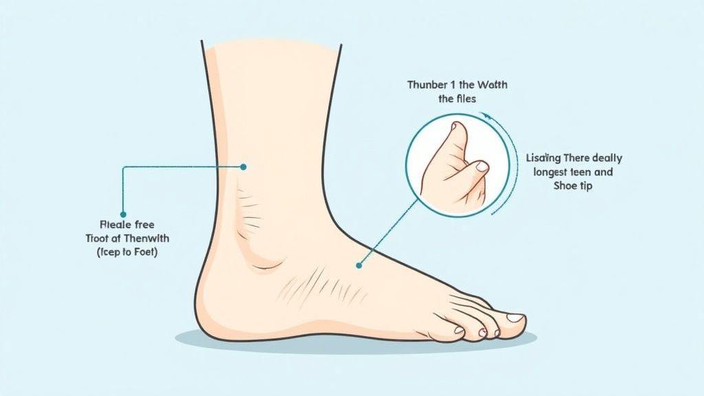 Diagram showing proper foot measurement technique from heel to longest toe for children's shoe sizing
