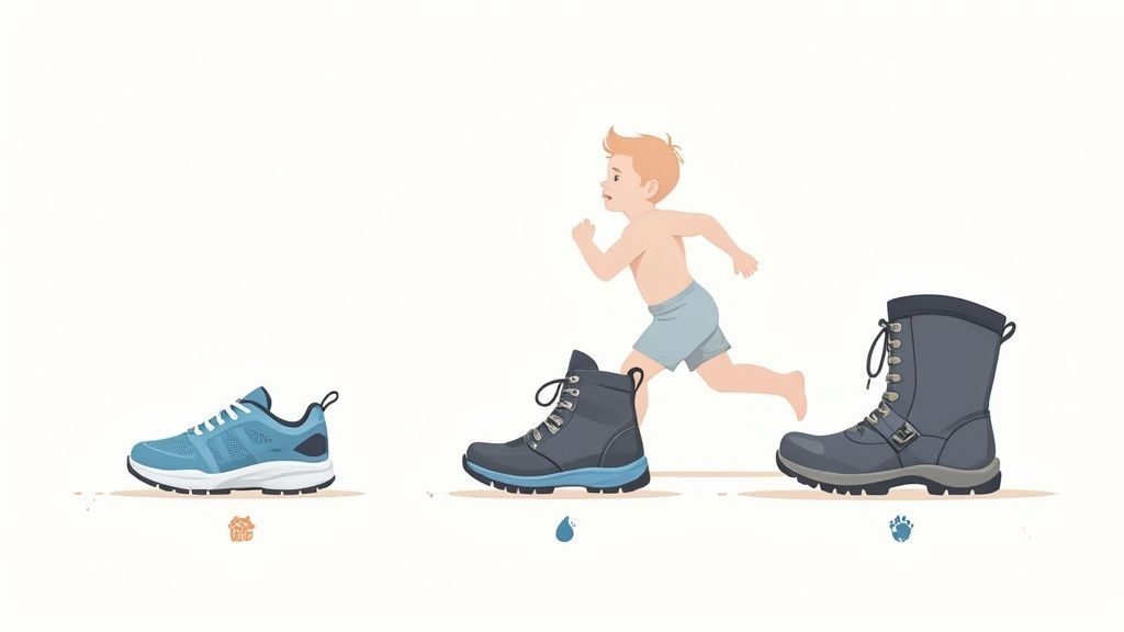 A young boy gleefully jumps in a puddle wearing bright yellow rain boots.