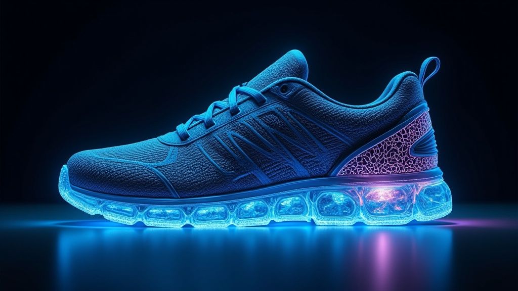 A futuristic image of a child's shoe being 3D-printed, with glowing digital lines illustrating the custom arch support and adaptive materials.