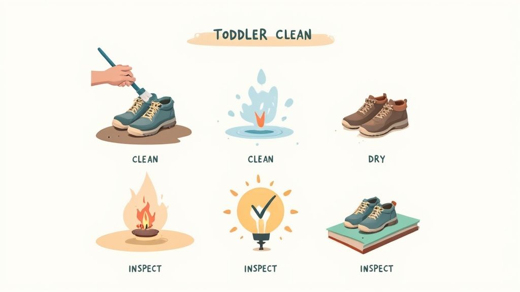 A diagram illustrating the steps for cleaning, drying, and inspecting toddler hiking shoes.