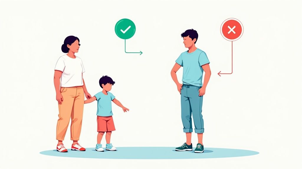 A parent gently checking the fit of a new shoe on their child's foot.