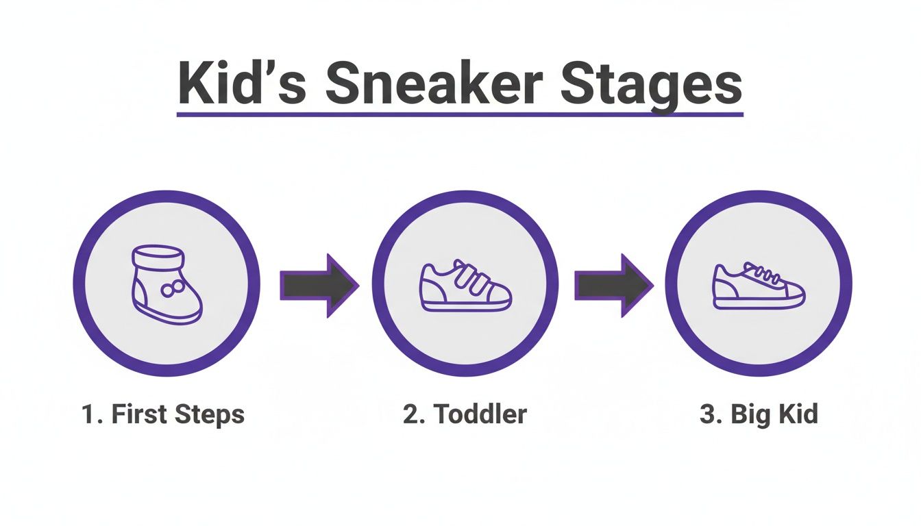 Infographic illustrating the three stages of kid's sneakers: First Steps, Toddler, and Big Kid footwear.