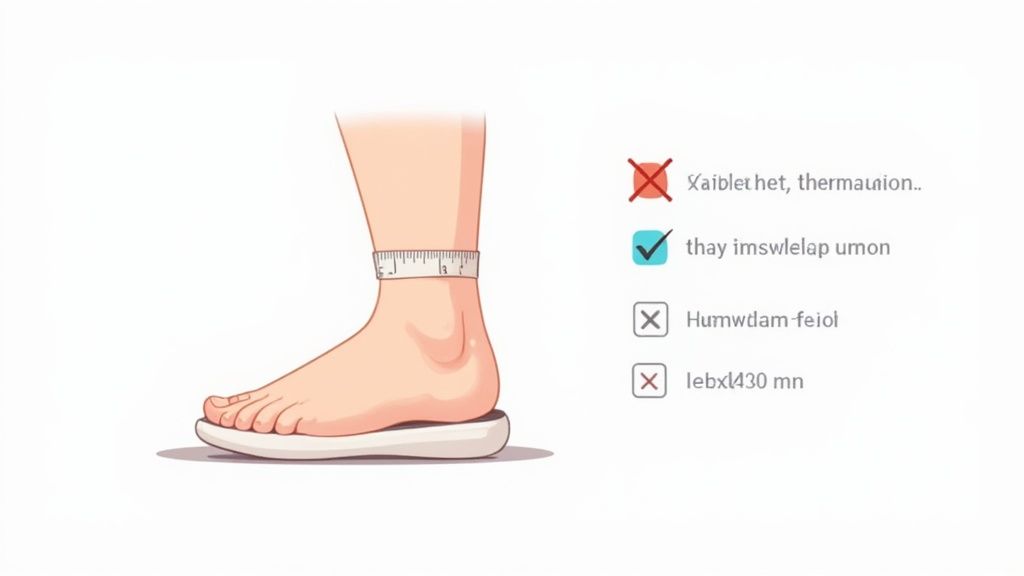 Foot measurement guide showing proper ankle measurement technique with measuring tape and checklist