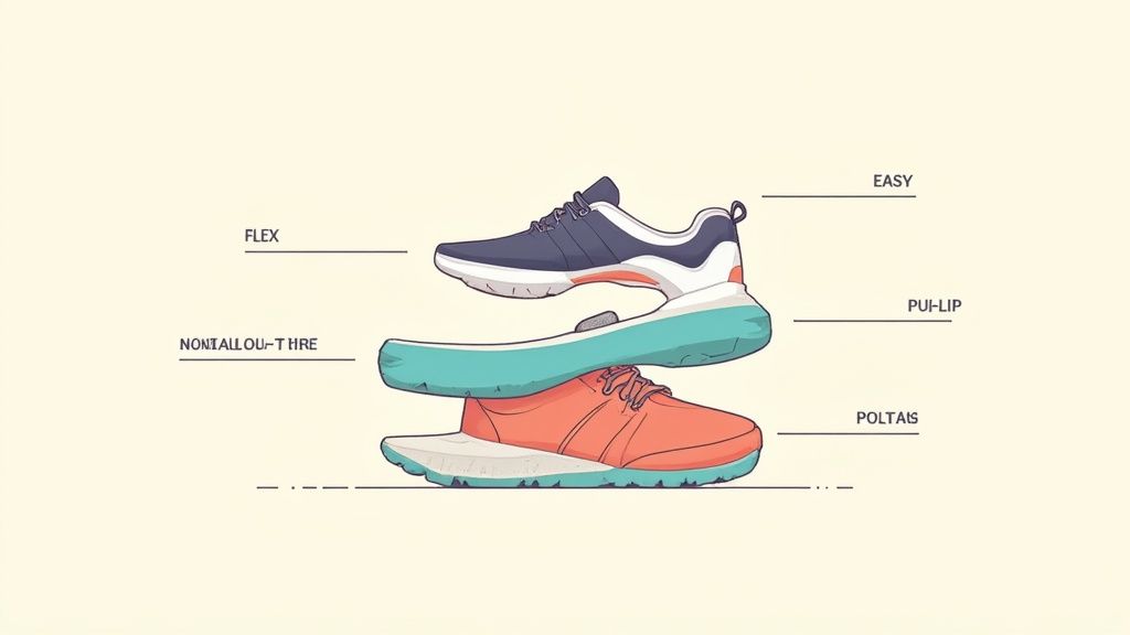 Illustration showing disassembled running shoes with various parts labeled like 'FLEX' and 'EASY'.