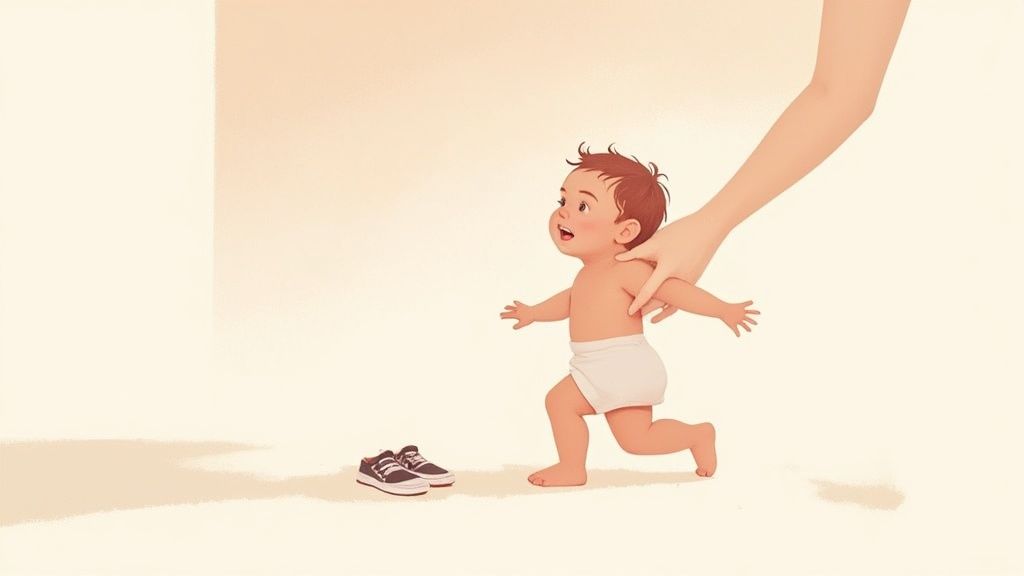 Parent helping baby take first steps while learning to walk indoors