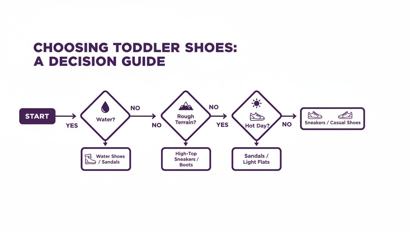 A flowchart guides on choosing toddler shoes based on water, rough terrain, and hot day conditions.