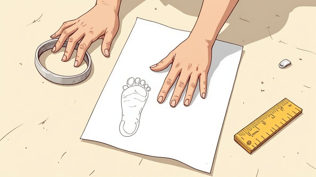 A parent measuring a baby's foot for walking shoes.