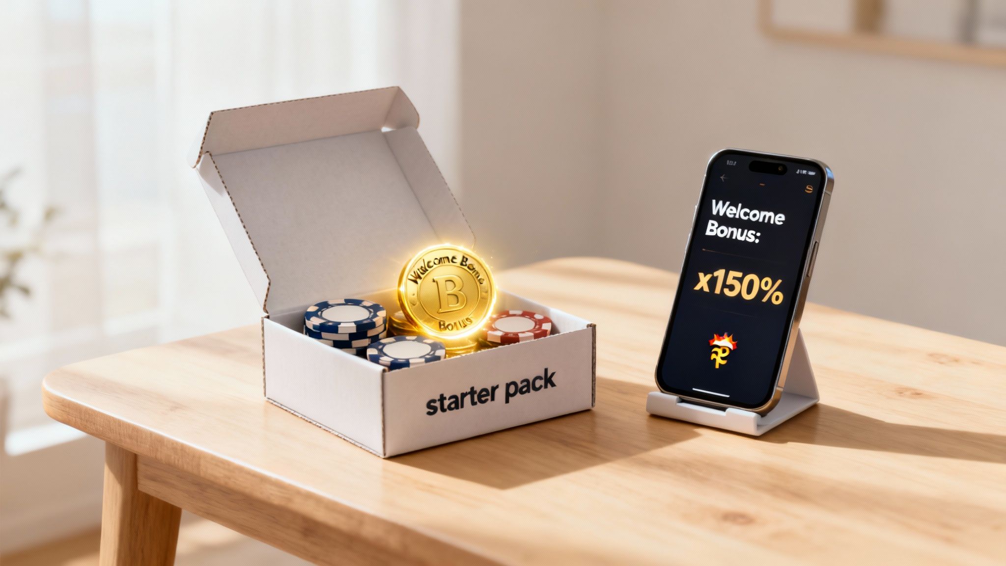 Stylized image showing a gift box with casino chips and cards coming out of it