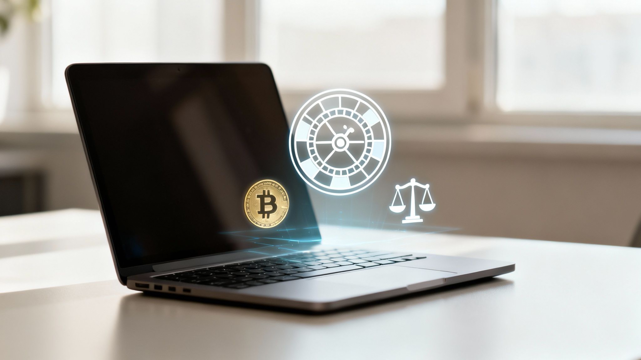 Man playing on a laptop with neon lights in the background