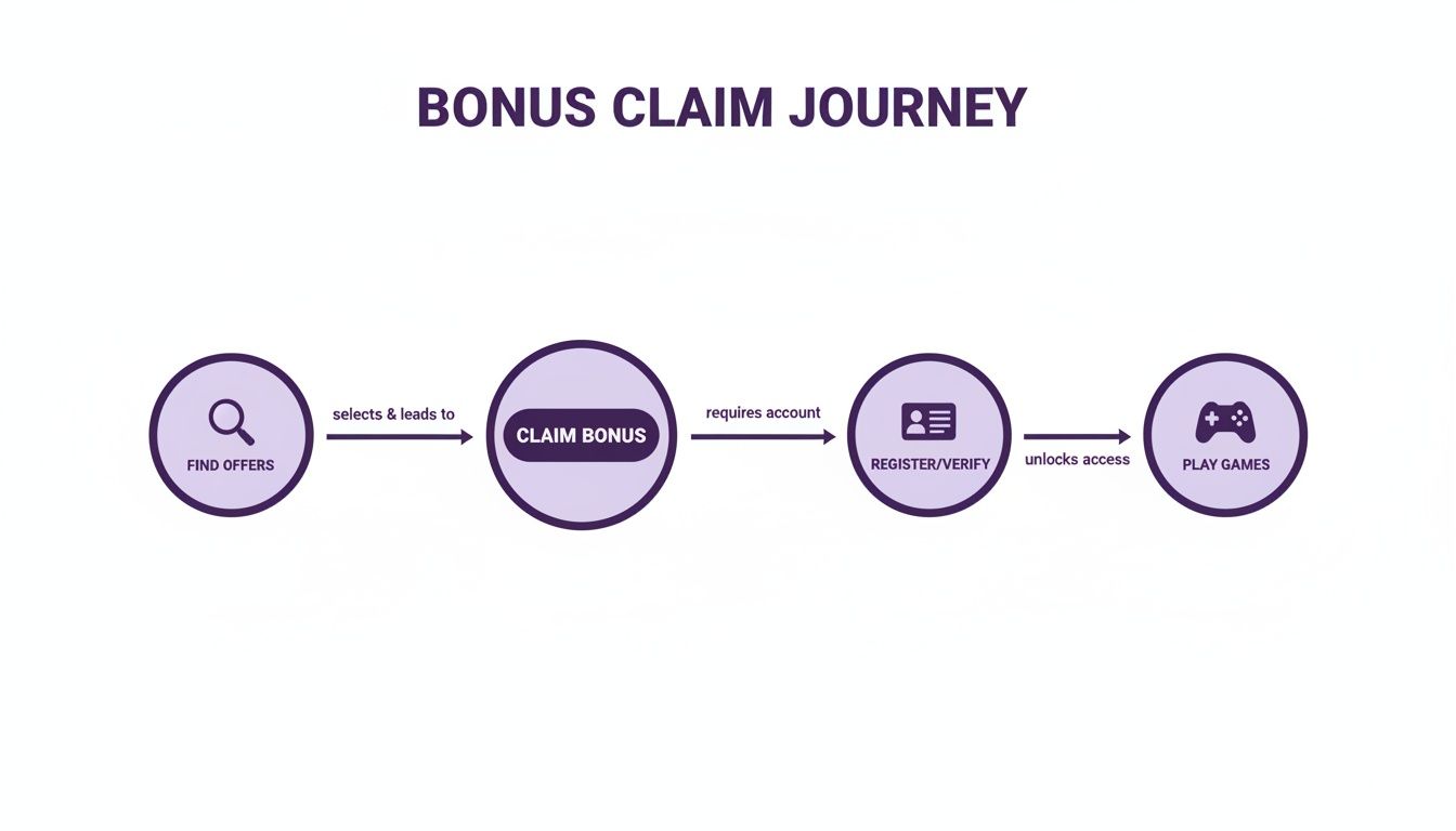 Flowchart illustrating the bonus claim journey, from finding offers to playing games.