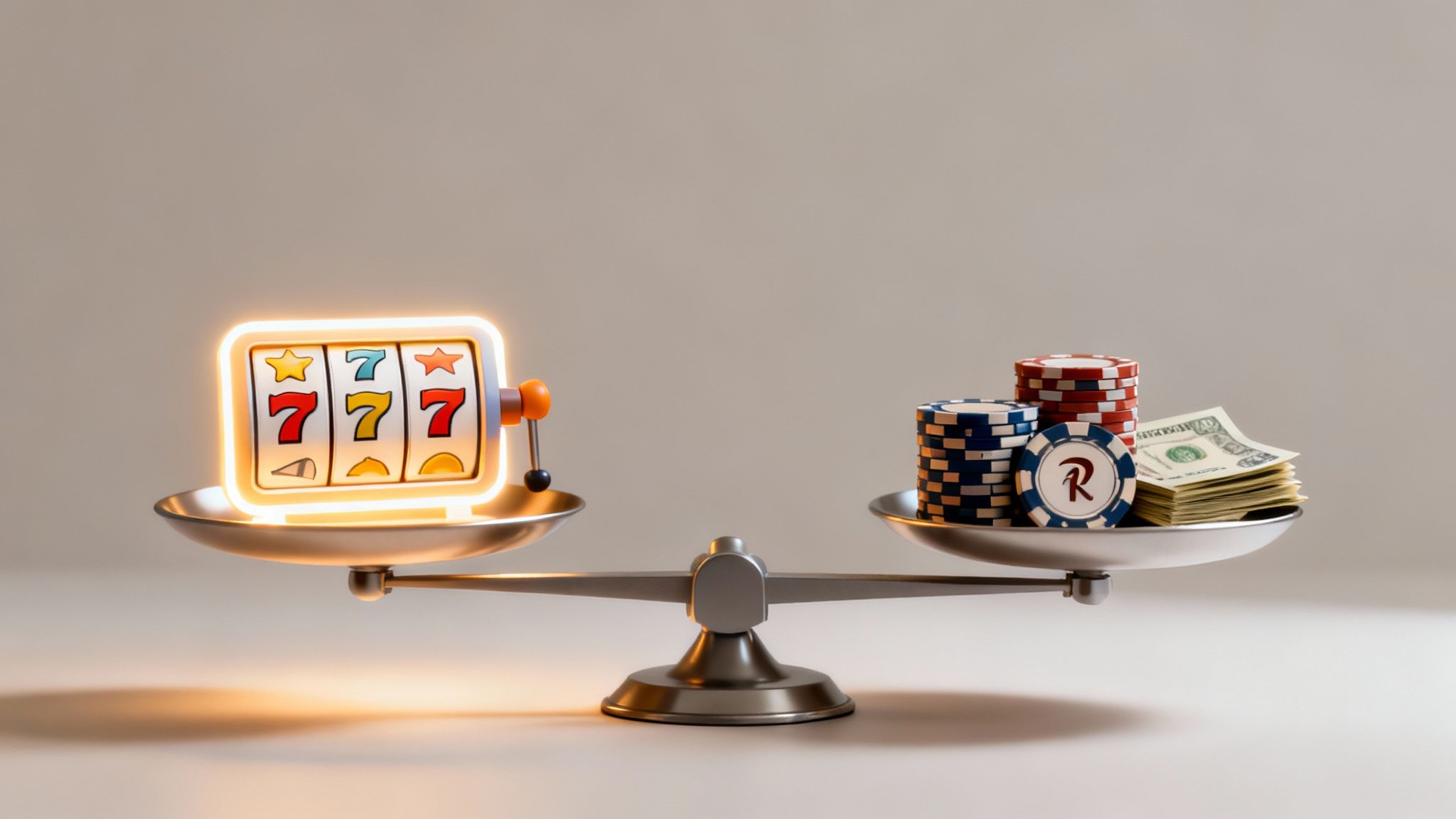 Casino slot machine on a balance scale, weighed against poker chips and dollar bills.