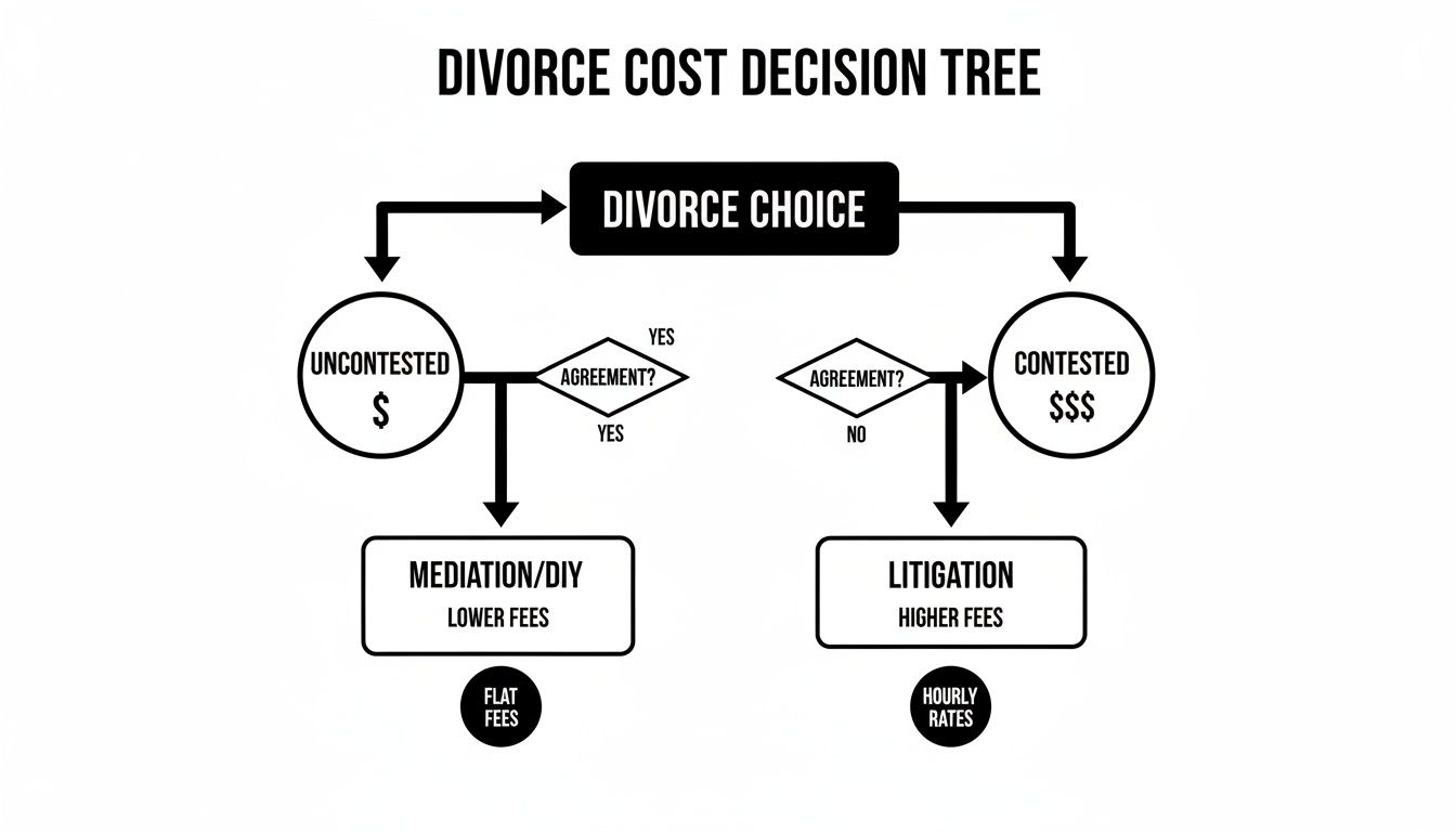 Decision tree flow chart outlining divorce choices, costs, and processes for uncontested versus contested cases.
