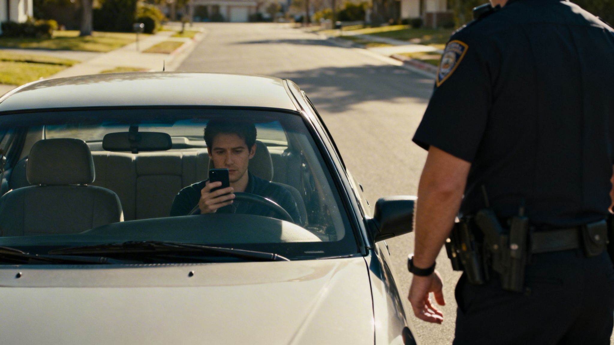 A man in a car looks at his phone while a police officer stands by the driver's side.