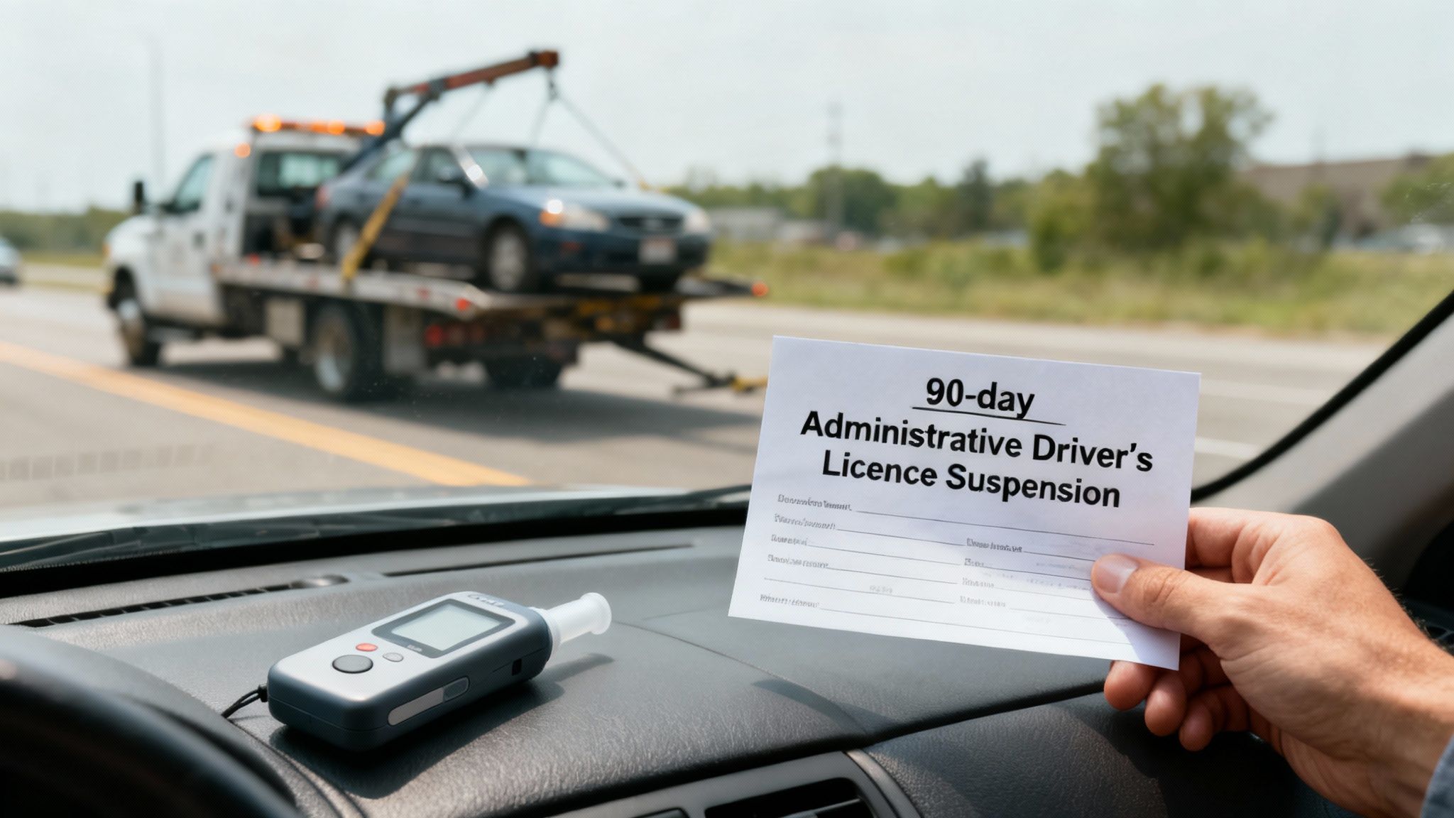 Hand holds a 90-day license suspension notice, a breathalyzer on the dashboard, and a tow truck in the background.