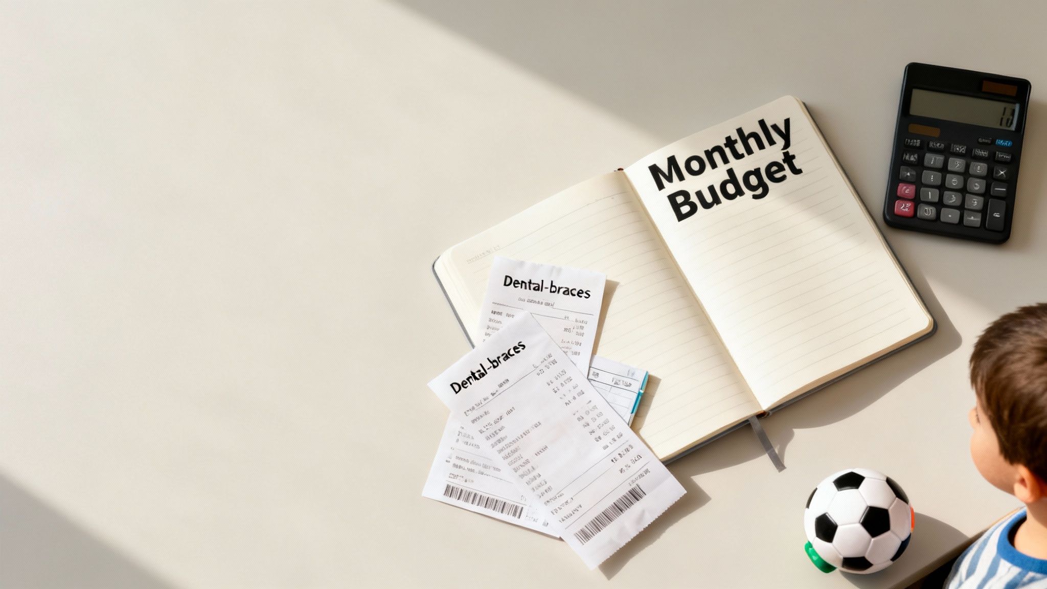 A flat lay shows a monthly budget notebook, dental brace receipts, a calculator, and a child's toy, symbolizing family financial planning.