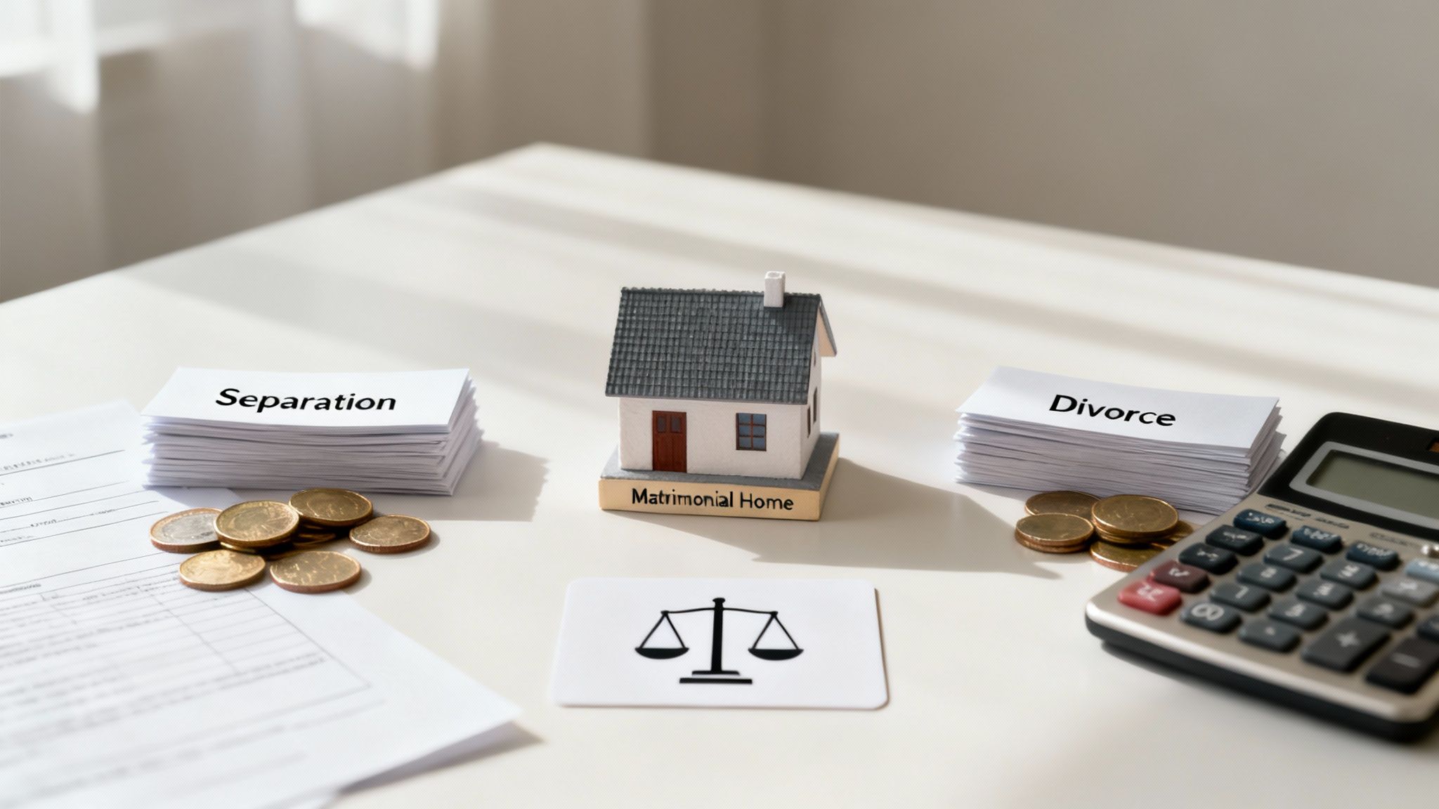 Miniature matrimonial home with 'Separation' and 'Divorce' papers, coins, and a calculator, symbolizing legal choices.