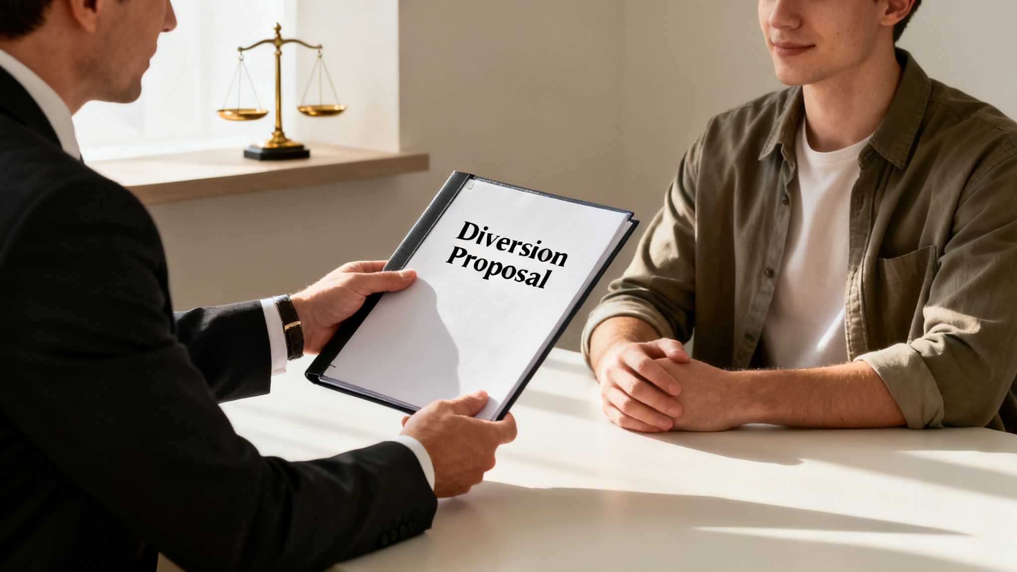 A lawyer in a suit hands a document titled 'Diversion Proposal' to a young client, with scales of justice in the background.