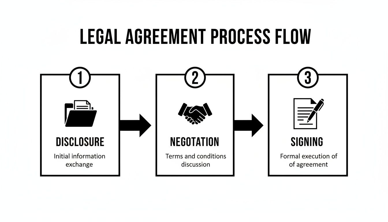 Flowchart illustrating the three-step legal agreement process: Disclosure, Negotiation, and Signing with icons.