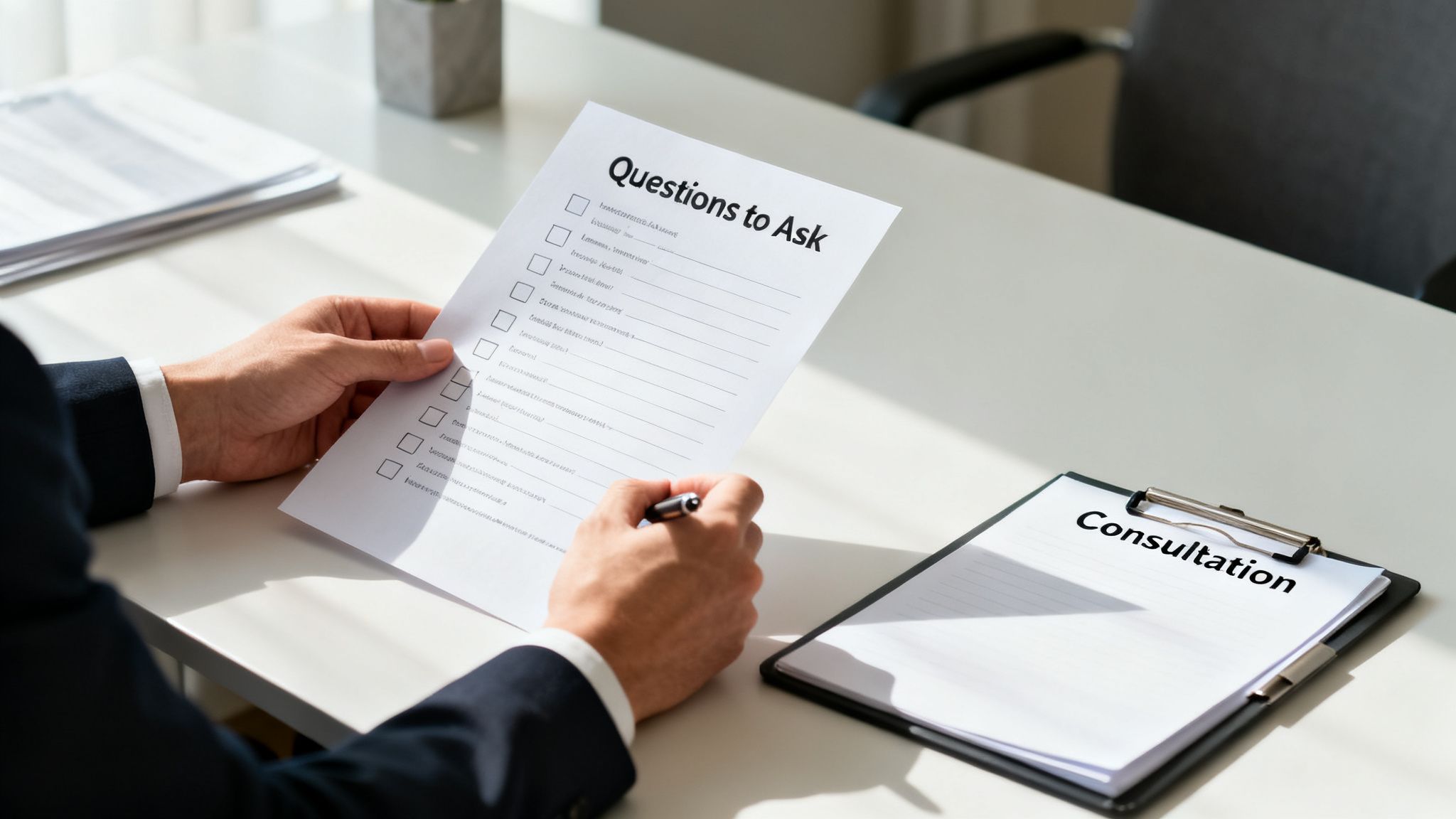 A person in a suit holds a checklist titled 'Questions to Ask' during a consultation.
