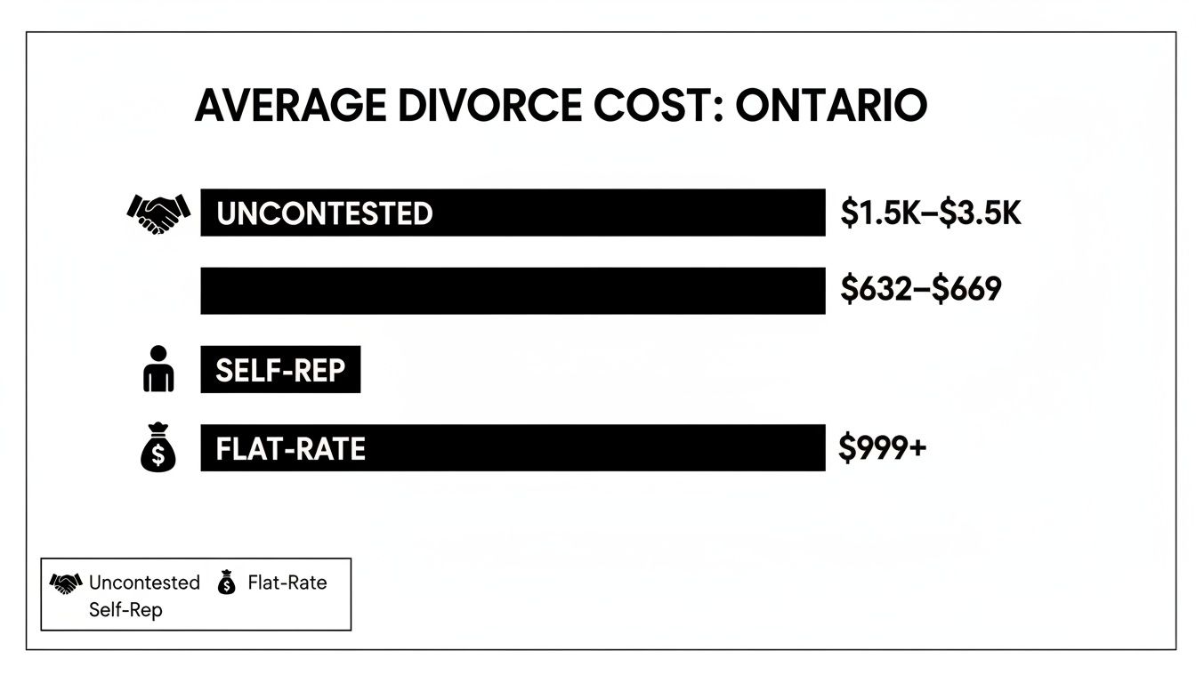 Infographic showing average divorce costs in Ontario for uncontested, self-rep, and flat-rate categories.