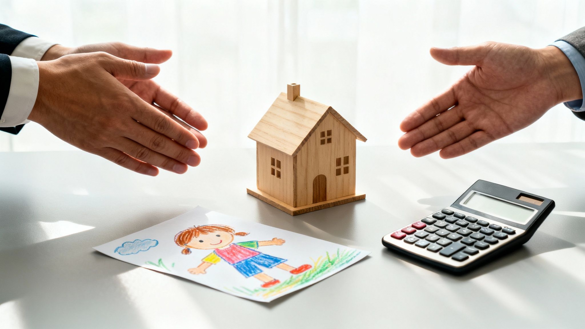 Hands reaching towards a house model, child's drawing, and calculator, symbolizing divorce asset division.