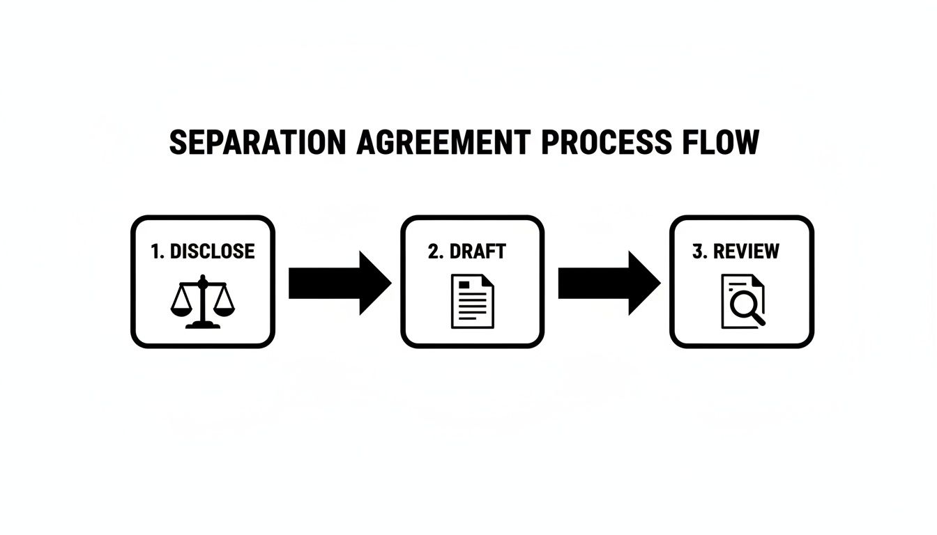 Flowchart illustrating the three-step separation agreement process: disclose, draft, and review.