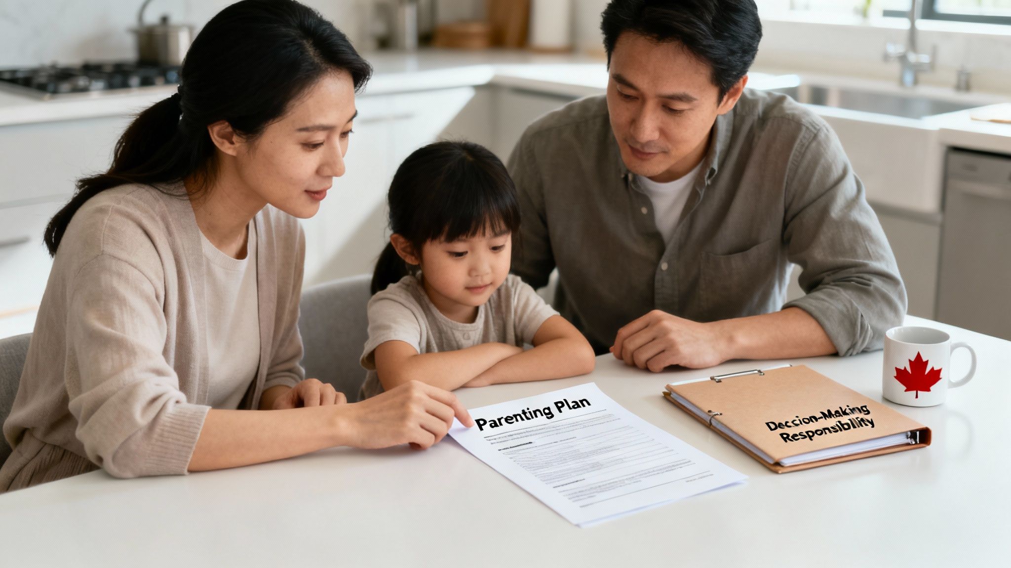 A family reviewing a 'Parenting Plan' and 'Decision-Making Responsibility' document with a Canadian mug.