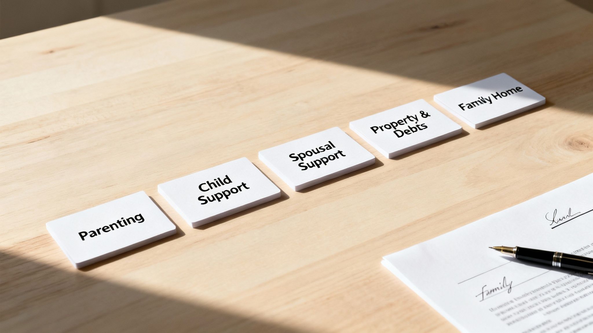 White cards with family law terms like 'Parenting', 'Child Support', 'Spousal Support' on a table, next to a signed agreement.