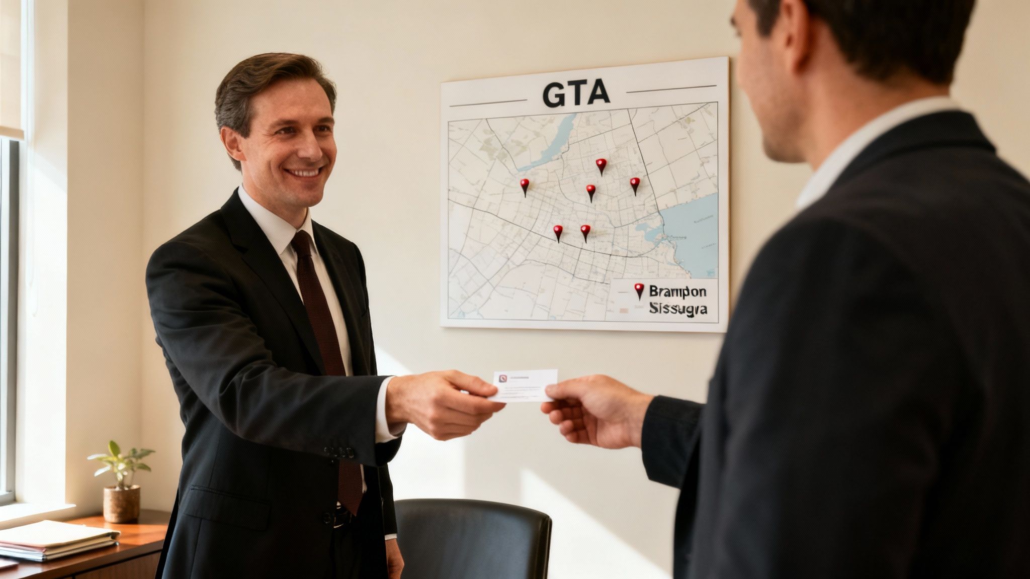 Two businessmen exchange a business card, smiling, with a map of GTA showing locations on the wall.