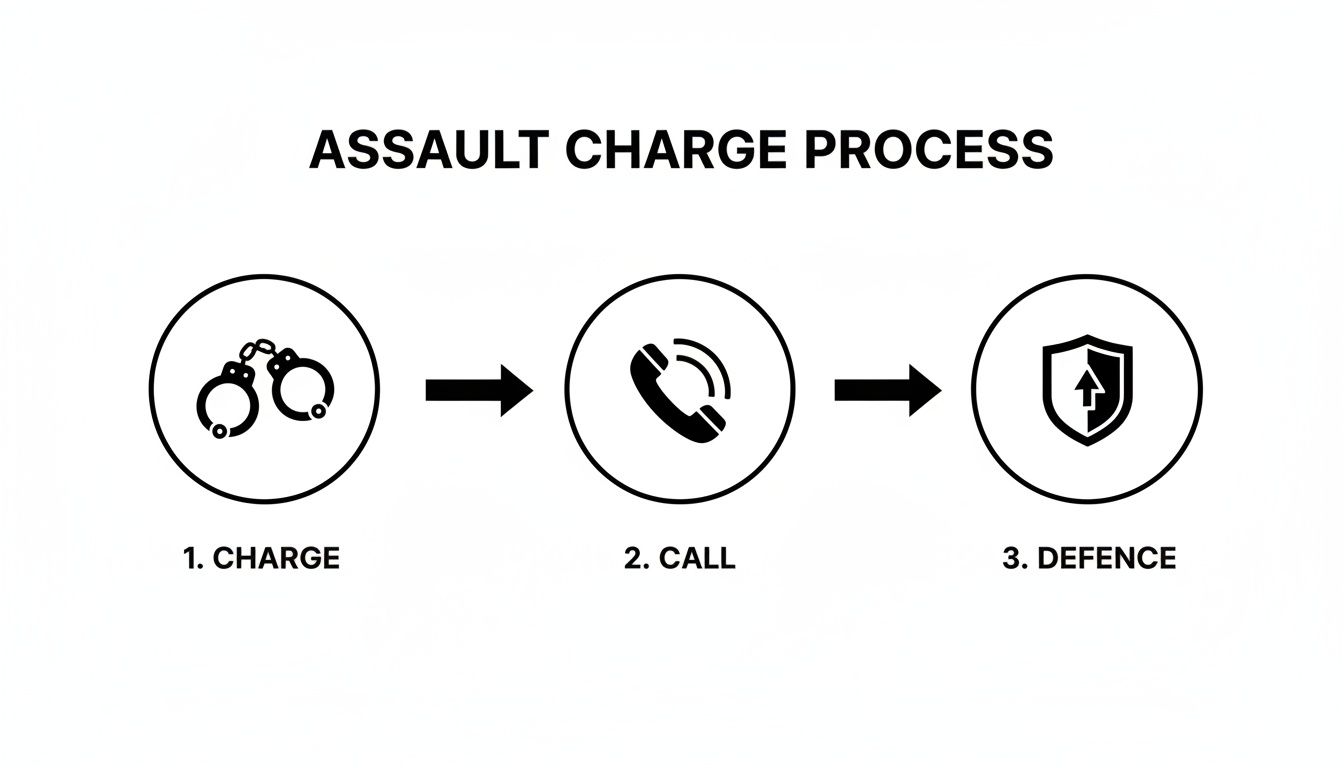 A three-step diagram illustrates the assault charge process: Charge (handcuffs), Call (phone), and Defence (shield).
