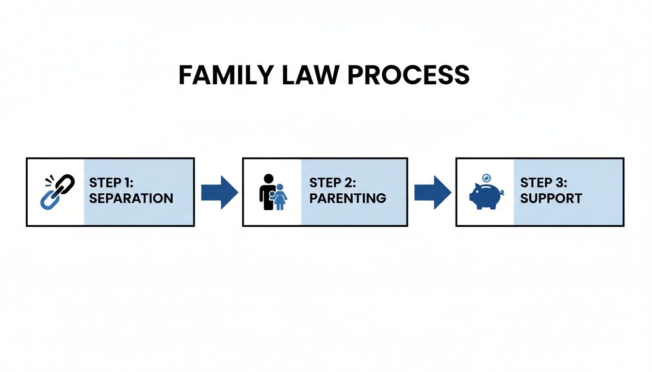 A flowchart illustrating the family law process, detailing steps for separation, parenting, and financial support.