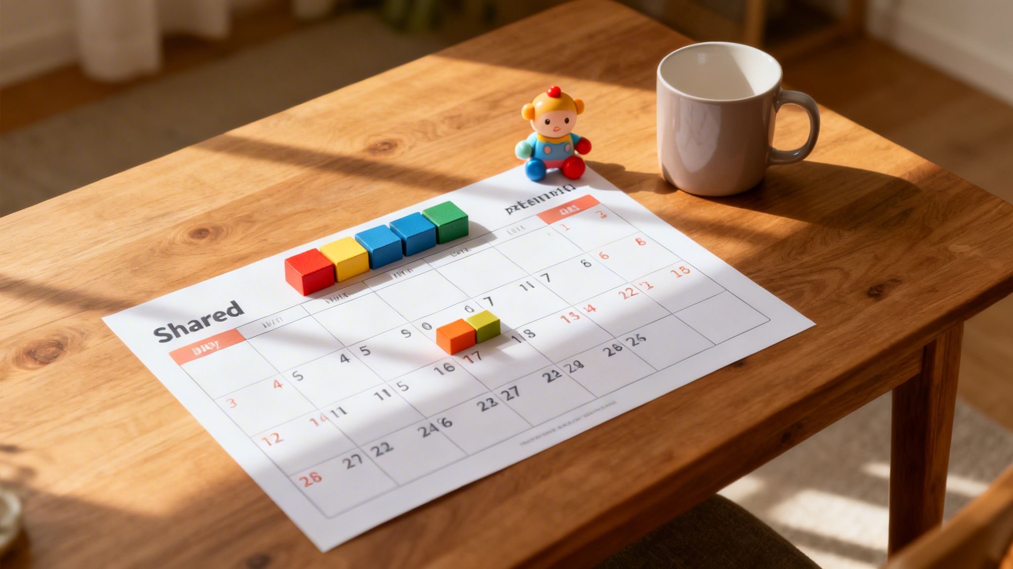 A desk setup with a calendar, colorful toy blocks, a figurine, and a mug on a wooden table.