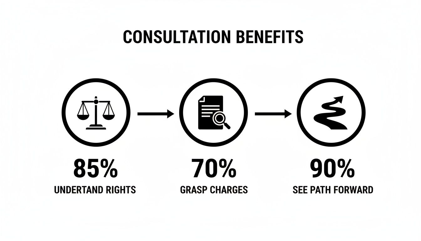Infographic showing three key benefits of consultation: understanding rights, grasping charges, and seeing the path forward.
