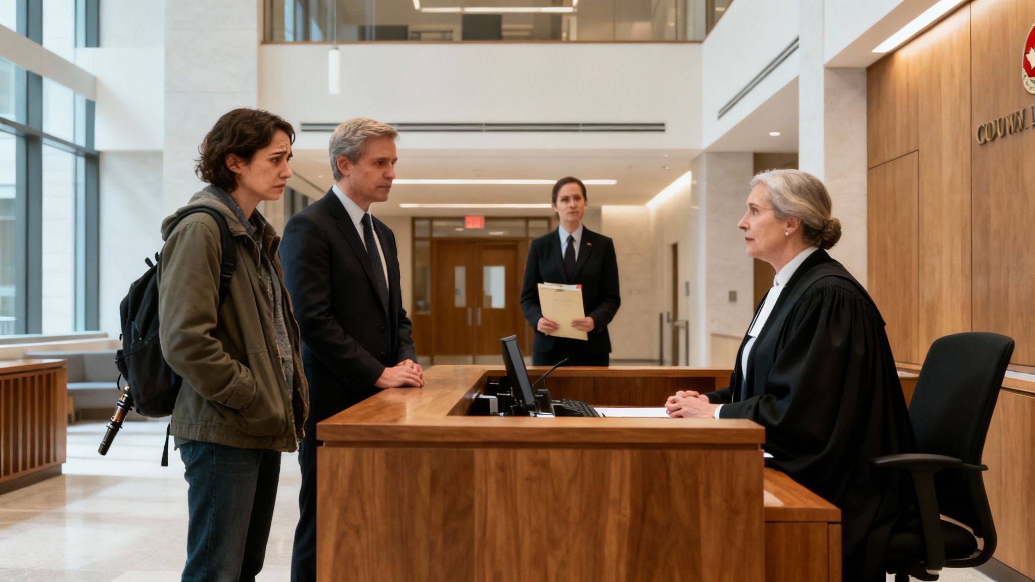 A young woman and a man in suits stand before a robed judge in a modern courthouse.