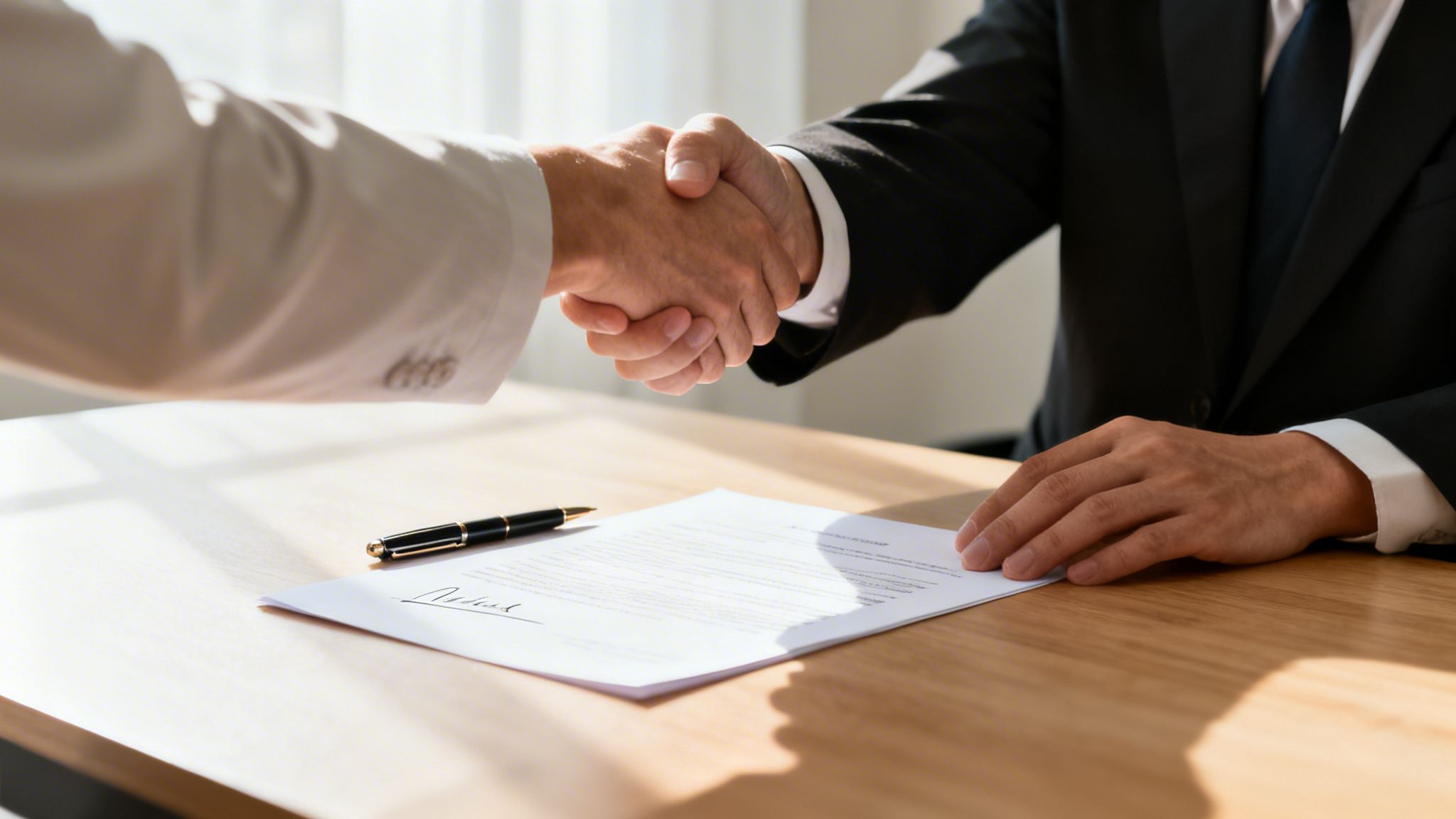 Close-up of two professionals shaking hands over a contract, signifying a successful business agreement.