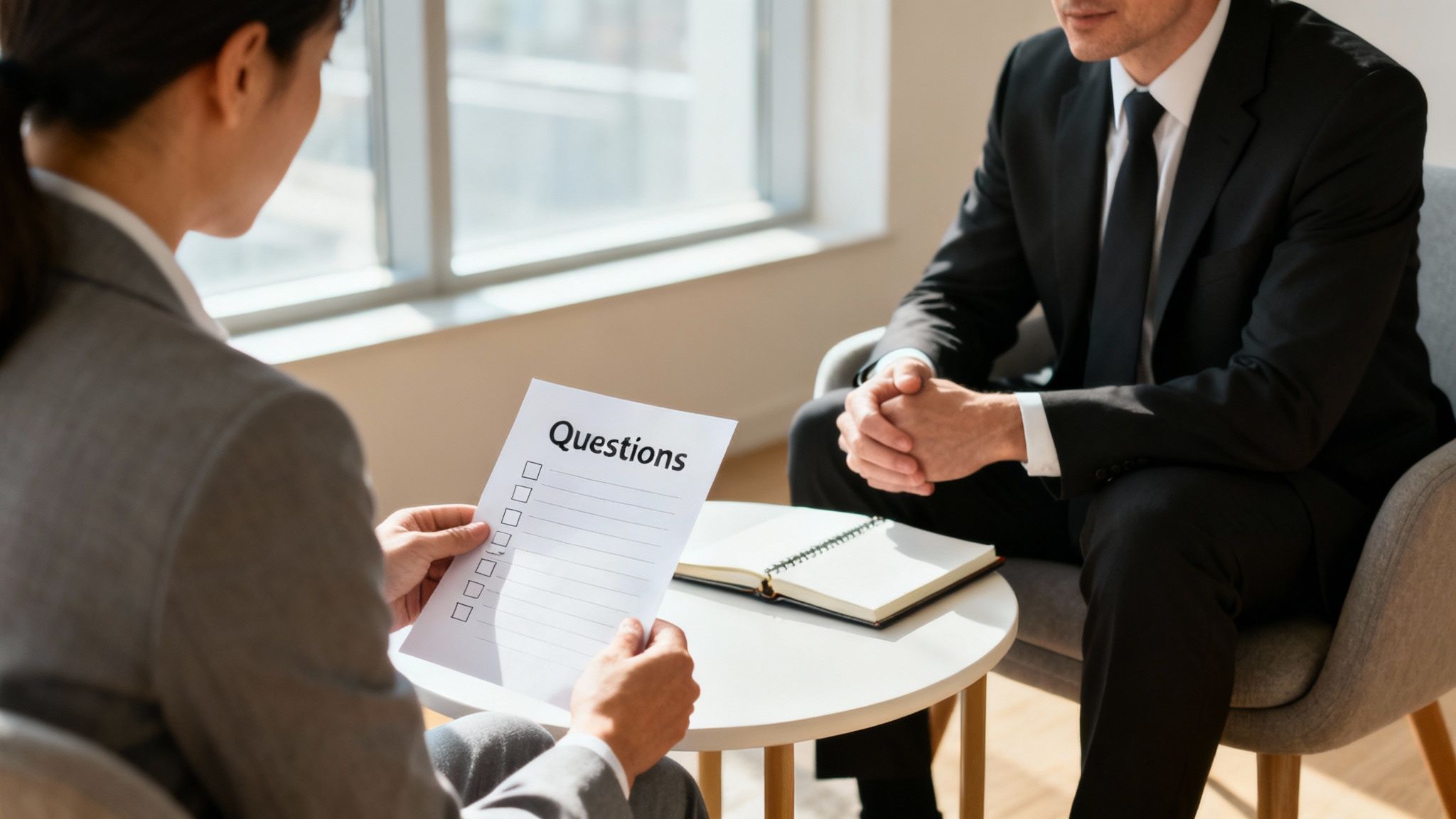 A woman holds a 'Questions' document during a professional consultation with a man in a suit.