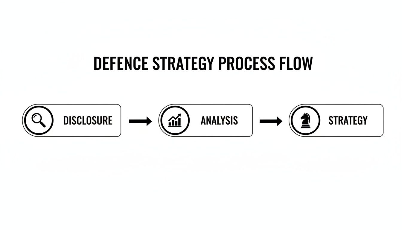 A defence strategy process flow diagram illustrating three steps: Disclosure, Analysis, and Strategy with icons.