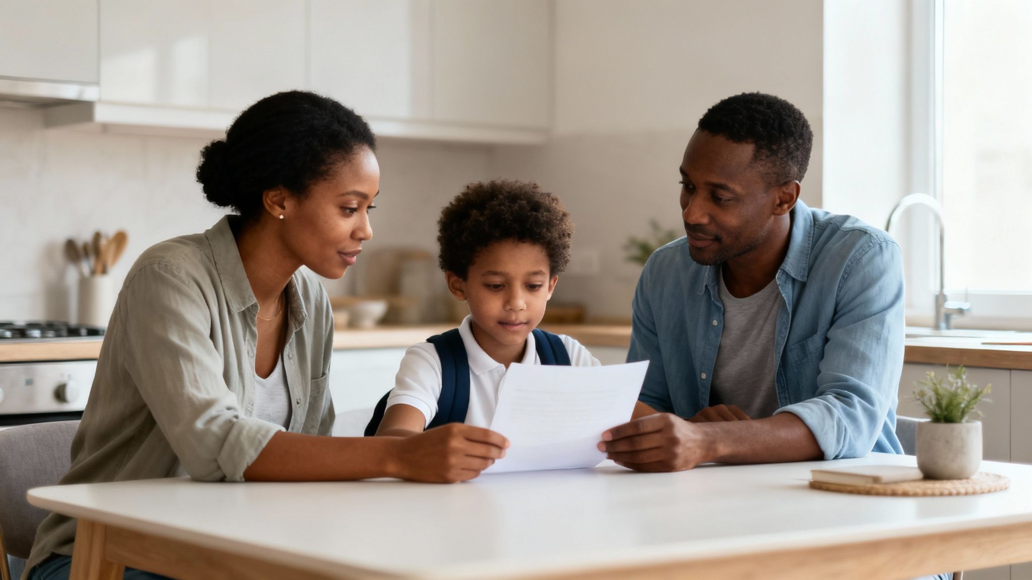 An African American family sitting at a table, attentively reading a document together.