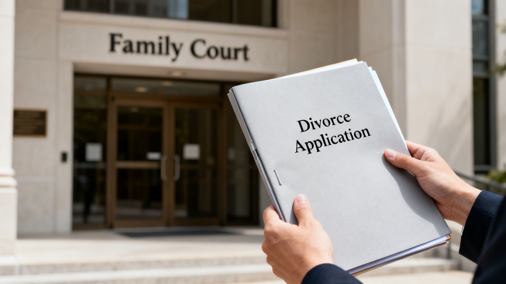 A person holds a 'Divorce Application' folder in front of a 'Family Court' building entrance.
