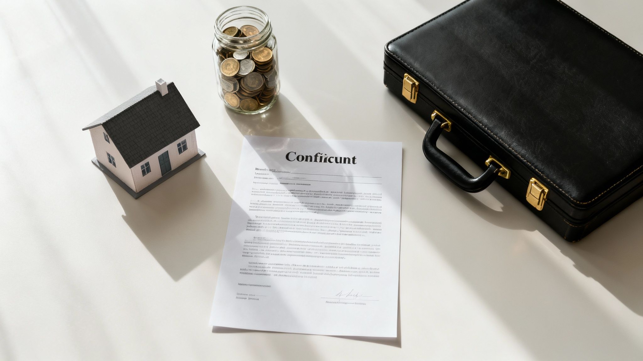 A flat lay shows a miniature house, coins in a jar, a legal document, and a black briefcase.