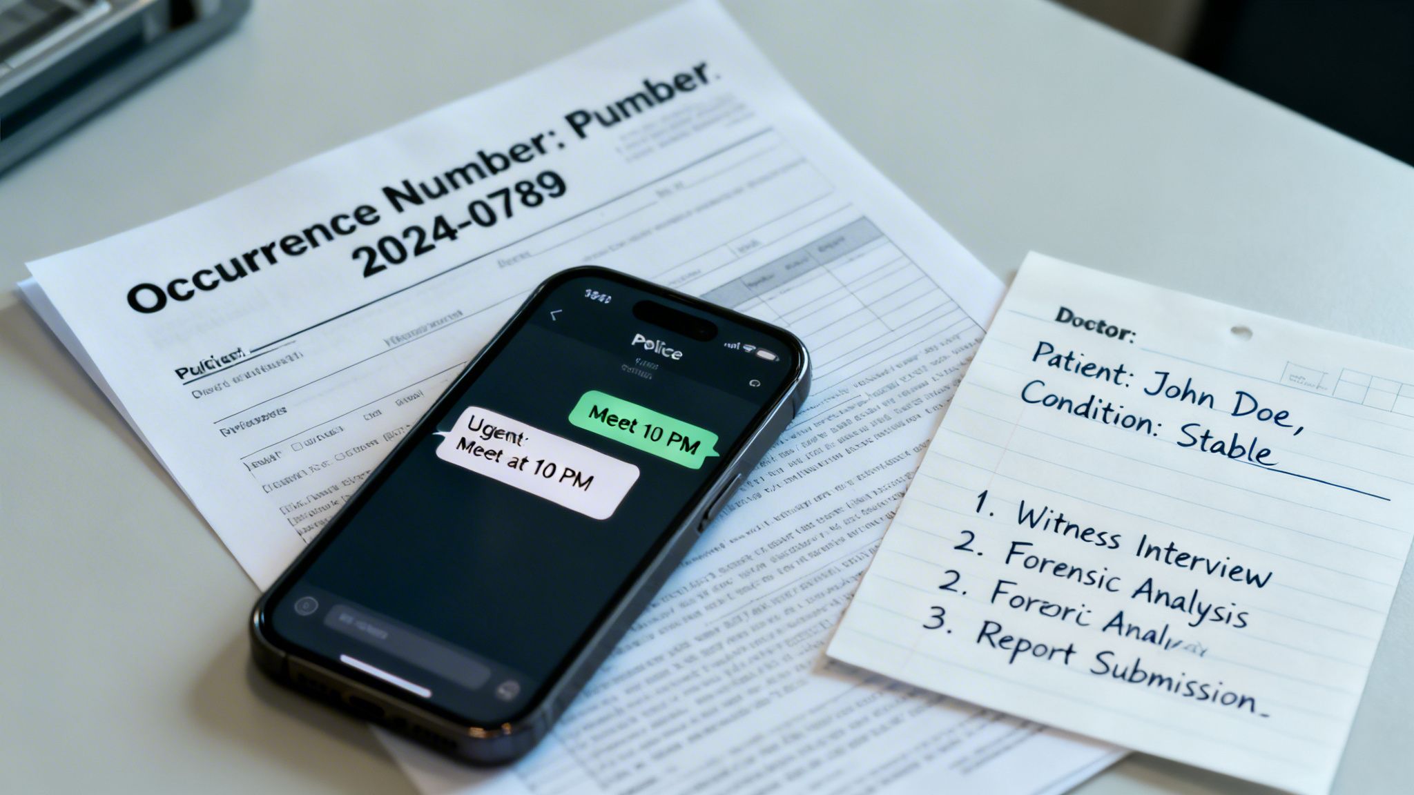 Documents with an occurrence number and a phone displaying police messages related to a case.