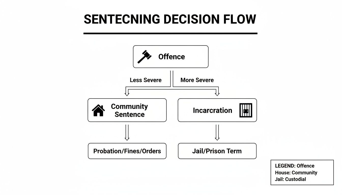Flowchart illustrating the sentencing decision process for legal offenses, from offense to sentence types.