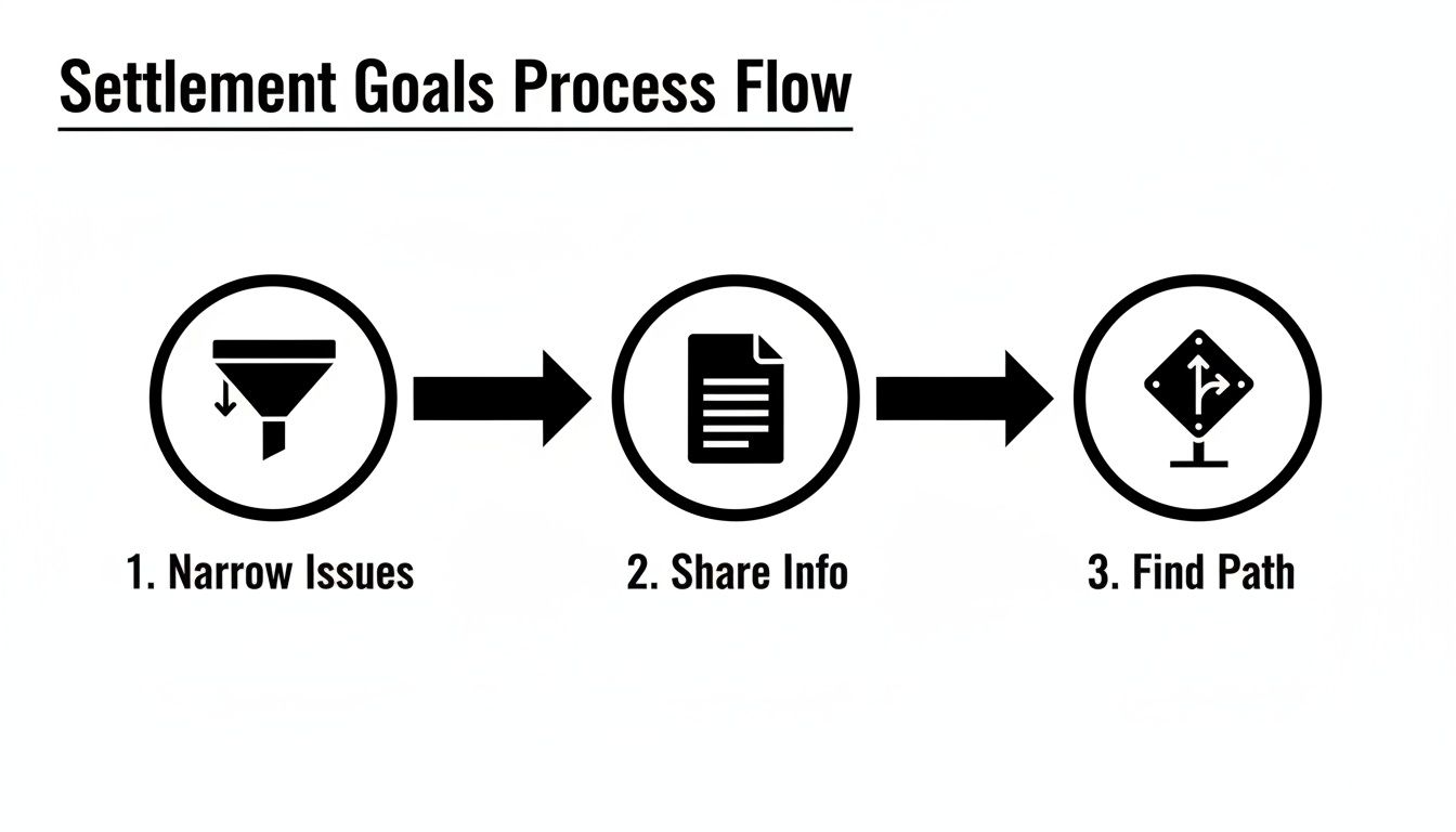 A flowchart illustrates three steps for settlement goals: Narrow Issues, Share Info, and Find Path.