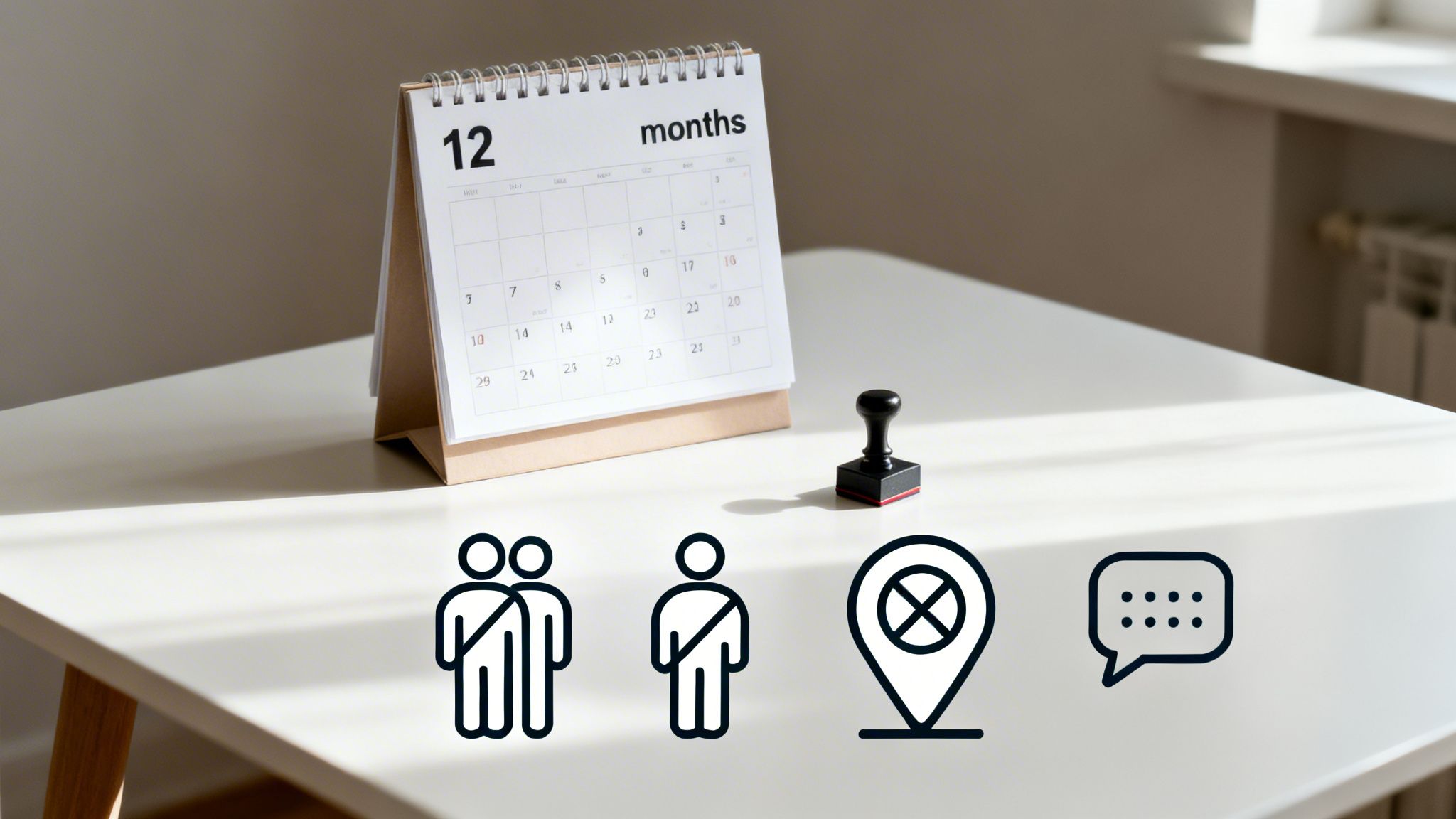 A desk calendar showing 12 months, a stamp, and icons symbolizing people, restricted location, and communication.